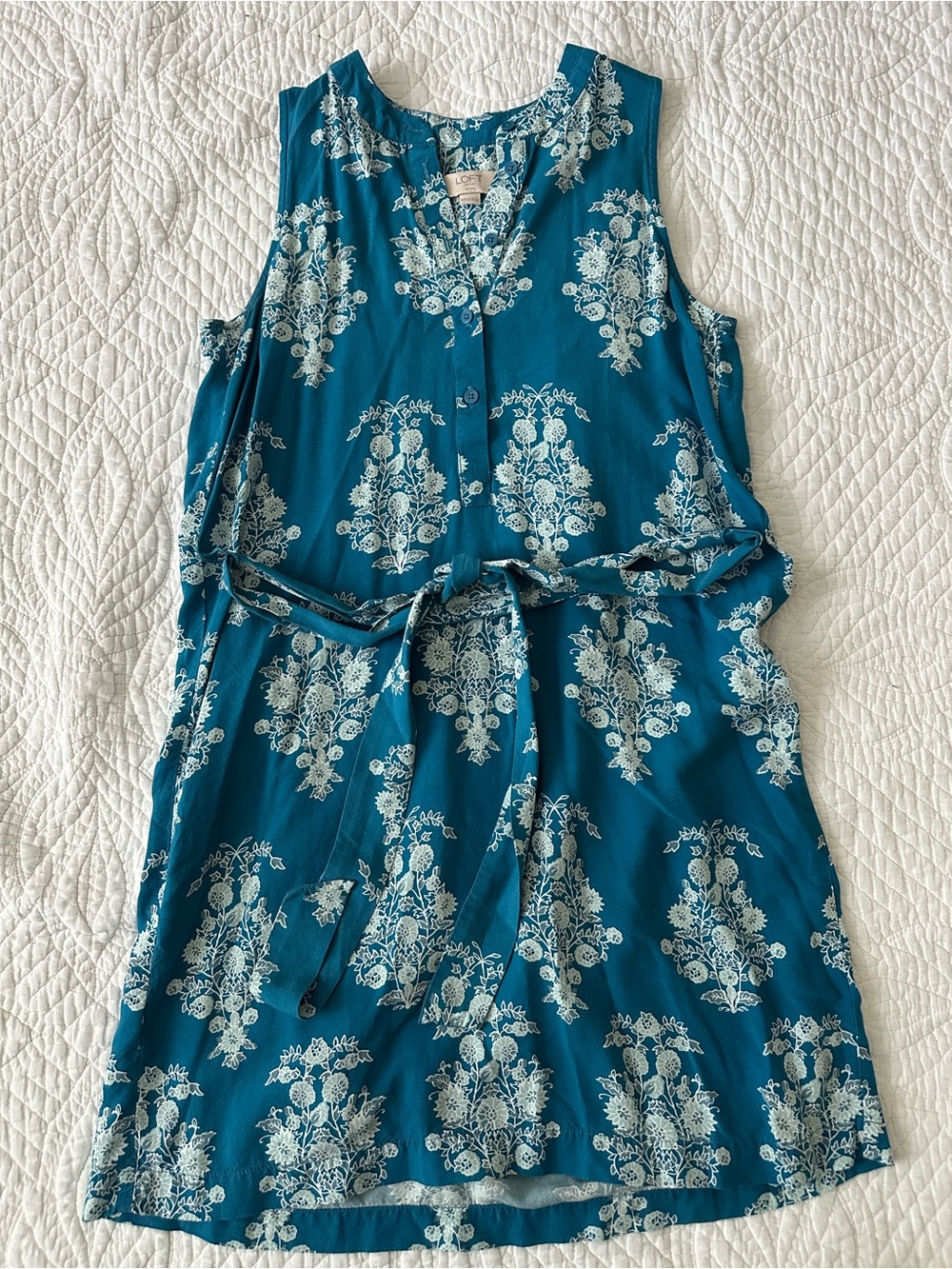 LOFT Teal Floral Sleeveless Tie-Waist Dress